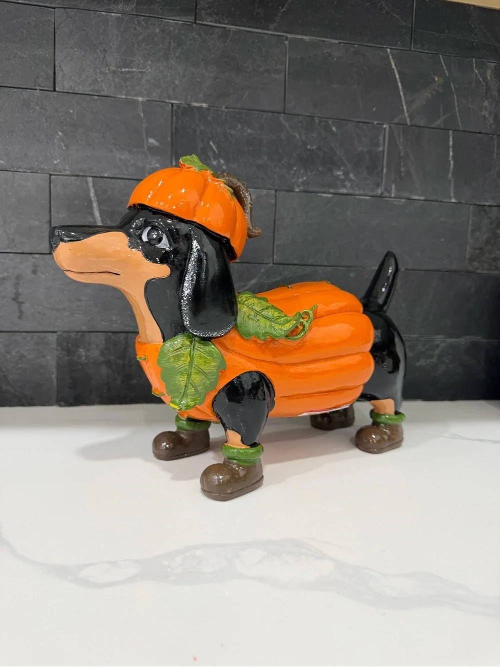Orange Pumpkin Dachshund Dog Figurine - Decorative Pet Accent